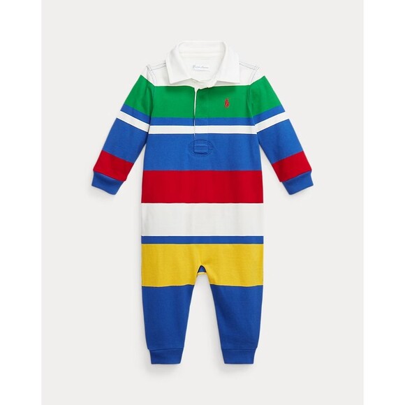 NWT Ralph Lauren Baby Boys Coverall 9 MOS Striped Cotton Jersey Rugby Coverall